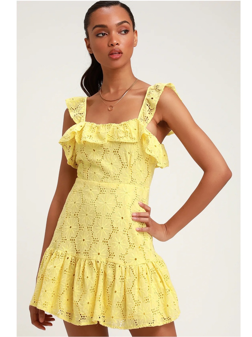 Lulus Biscay Yellow Ruffled Eyelet Lace Sleeveless Cotton Mini Dress Small